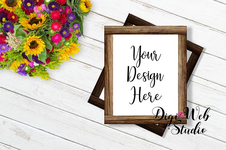 Flat Lay Wood Signs Mockup - Stacked Wood Frames w/ Flowers example image 1
