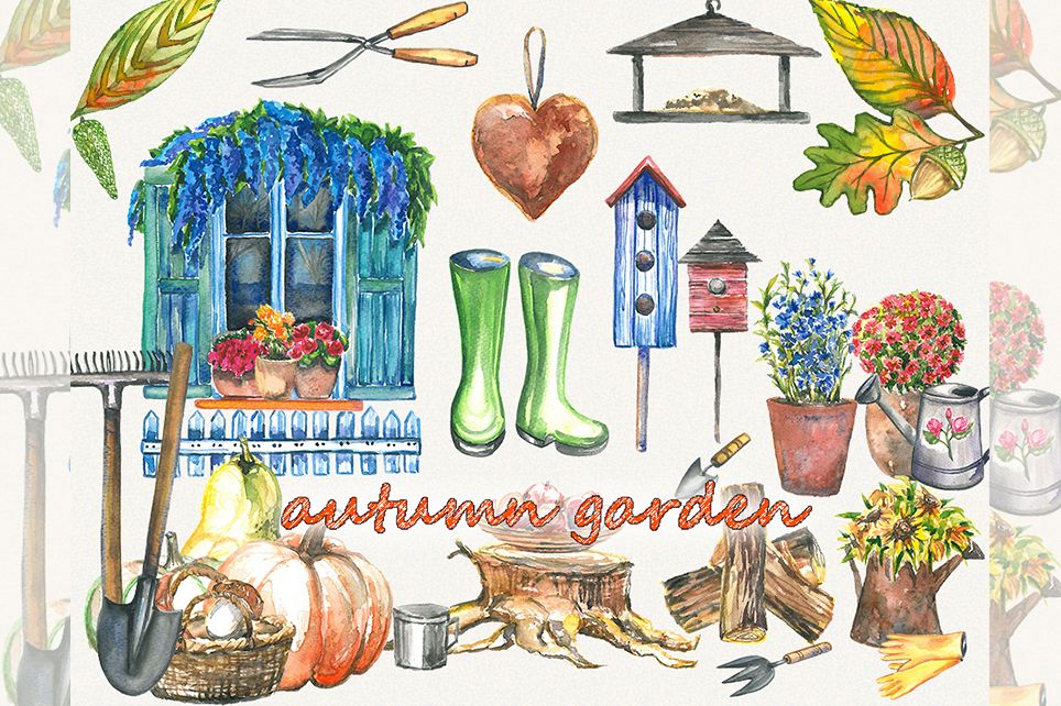 Garden clipart, spring clipart, garden tools, watercolor example image 1