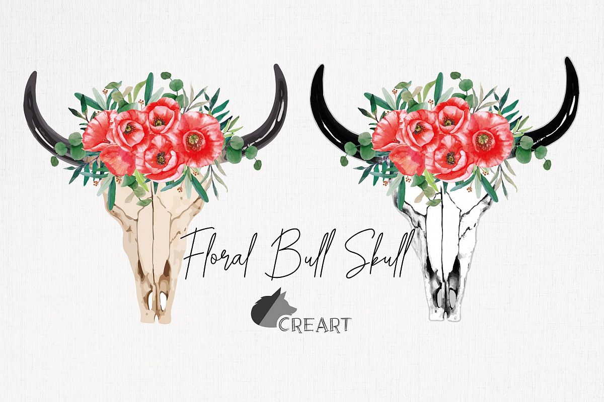 Watercolor Floral Bull Skull clipart, Indian Tribal vector example image 1