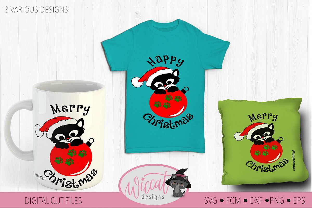 Christmas cat svg, Happy Christmas svg, Cat ornament svg, example image 1