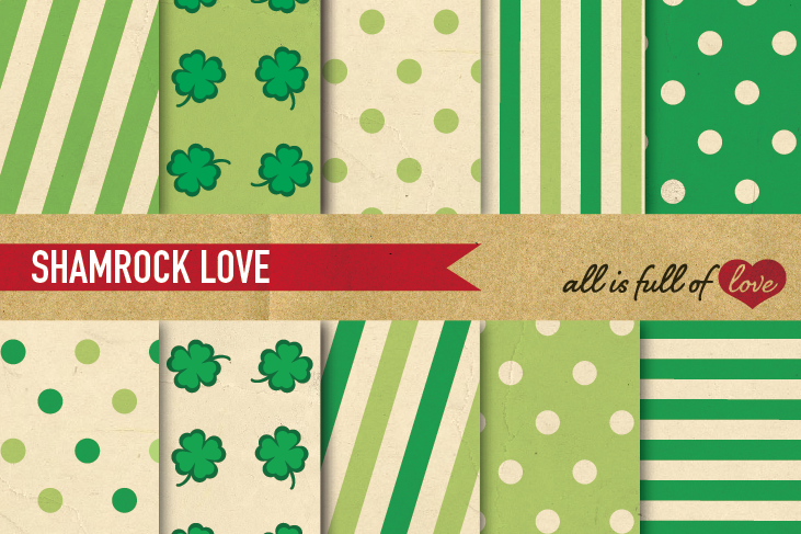 St Patrick's Digital Paper Green Background Patterns with Vintage Paper example image 1