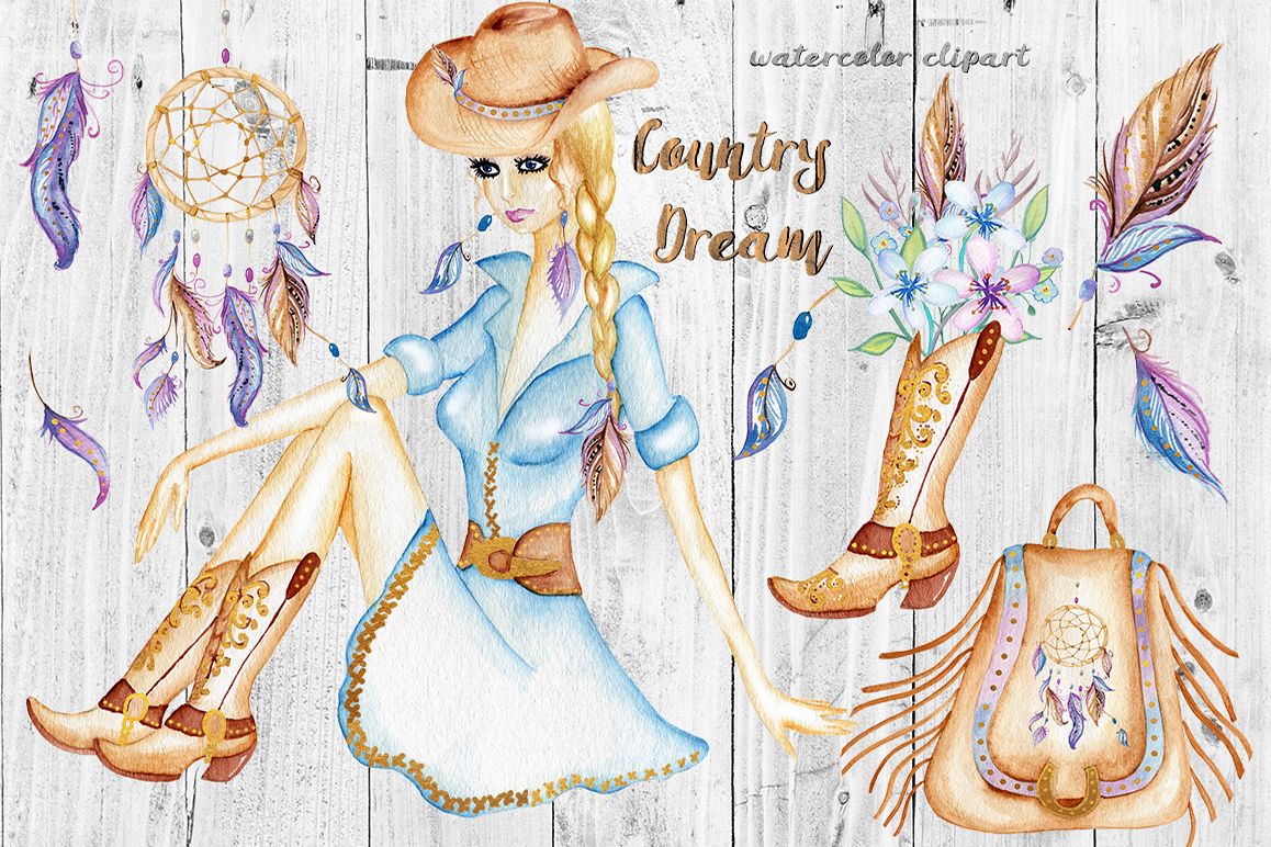 Watercolor Western Clipart, Dream Catcher, Boho Clipart Girl example image 1