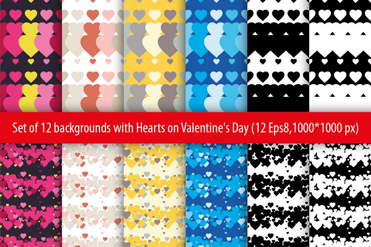 Set of 12 backgrounds with Hearts on Valentine's Day. example image 1