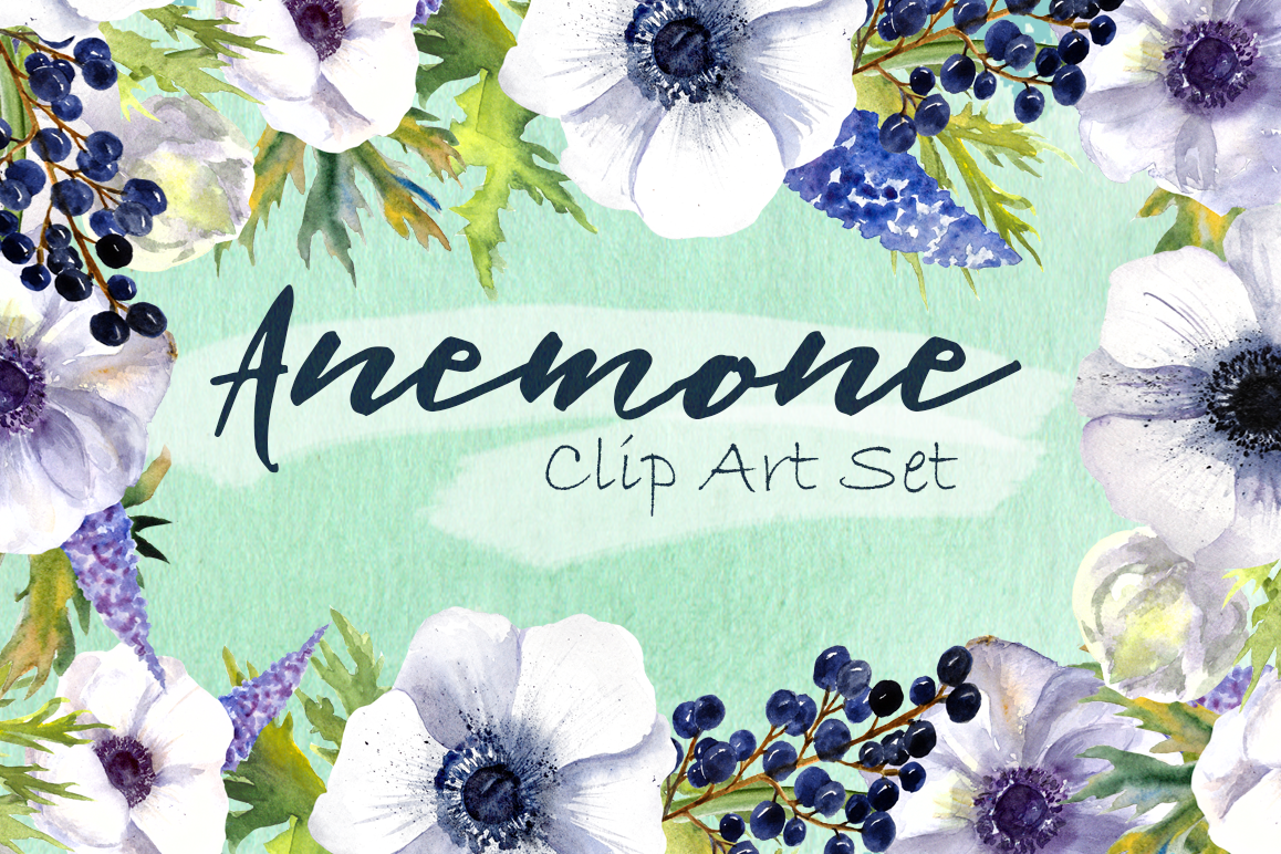 Watercolor Anemone Clipart Set example image 1