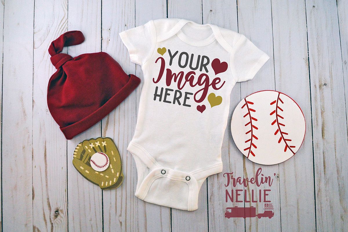 White Bodysuit Mockup One Piece Styled Baby Boy Baseball Hat example image 1