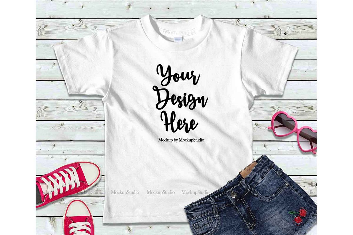 Download Girls White Tshirt Mock Up Kids Teen Flat Lay Tee Display (134963) | Mock Ups | Design Bundles