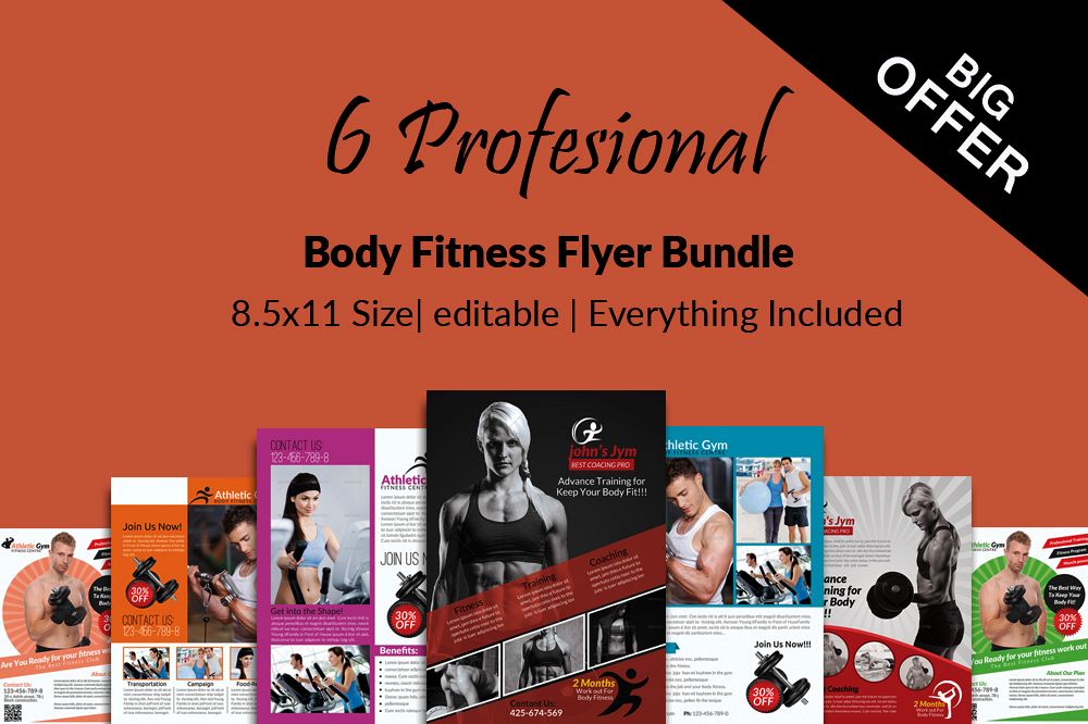 6 Body Fitness Gym Flyers Bundle example image 1