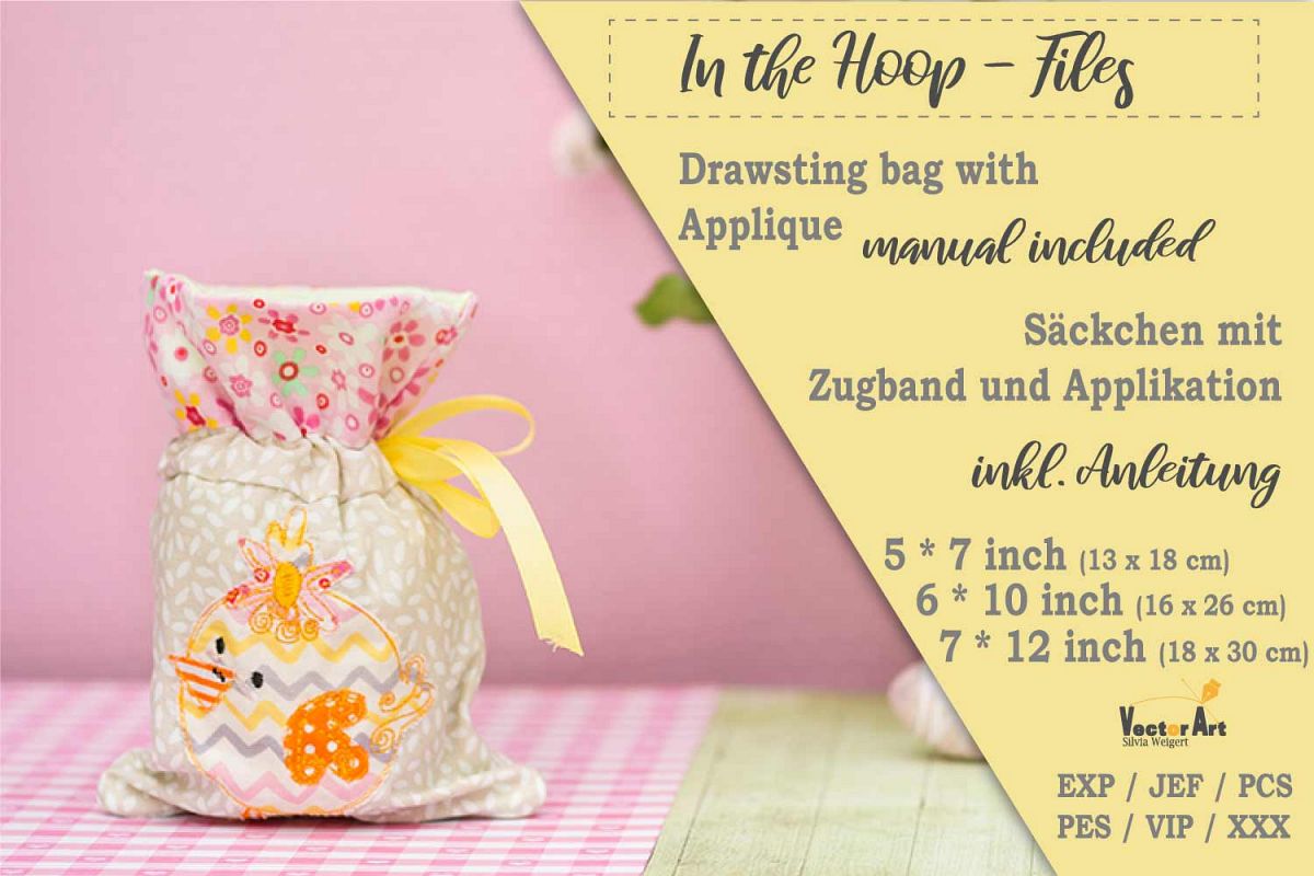 ITH -Drawstring Bag with Chick Applique - Embroidery File example image 1