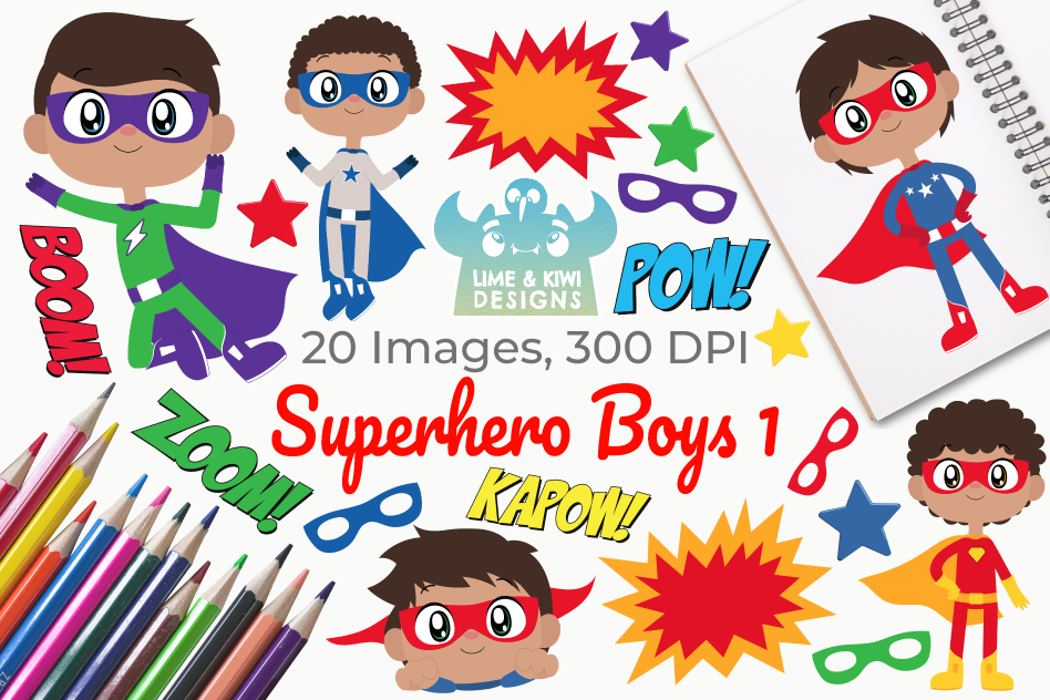 Superhero Boys 1 Clipart, Instant Download Vector Art example image 1
