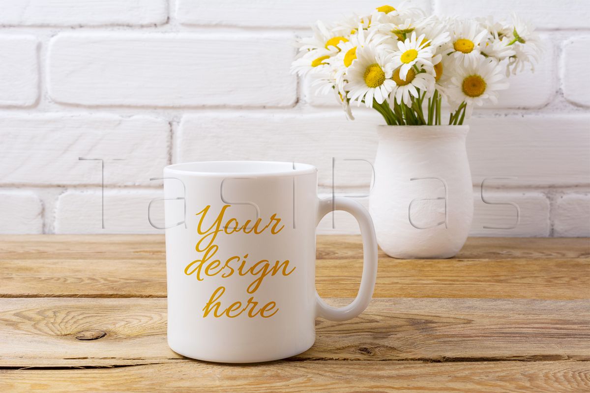 Download White coffee mug mockup with white field chamomile bouquet in handmade rustic vase. (57502 ...