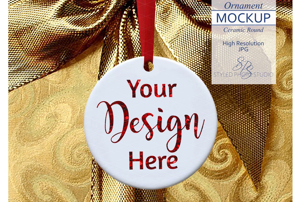 Round Ceramic Christmas Ornament Mockup Gold Ribbon example image 1
