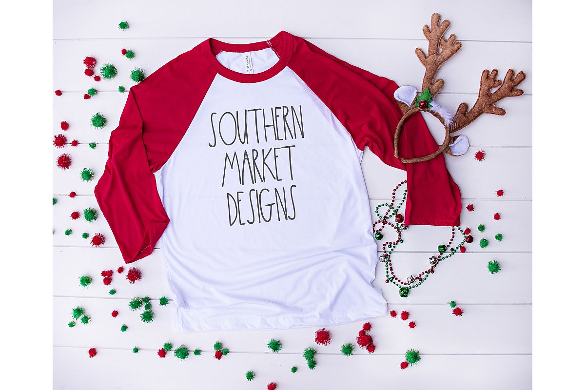 Bella Canvas 3200 Red Christmas Raglan Mock Up Stock Photo example image 1