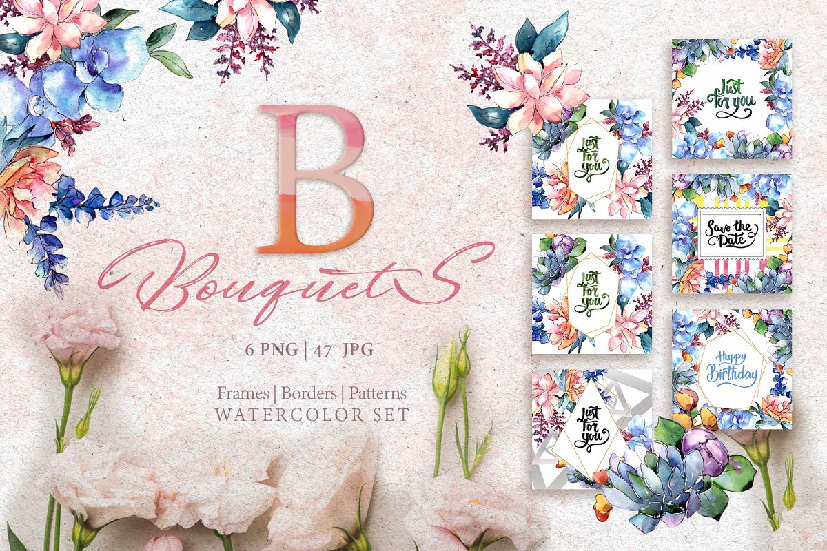 Bouquets flowers set PNG watercolor example image 1