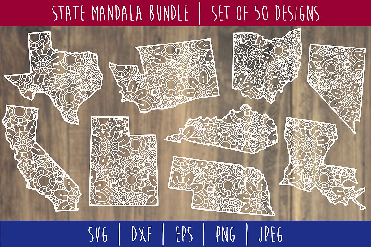 State Mandala Zentangle Bundle Set of 50 - USA SVG example image 1