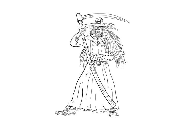 Ankou Graveyard Watcher With Scythe Drawing Black and White example image 1