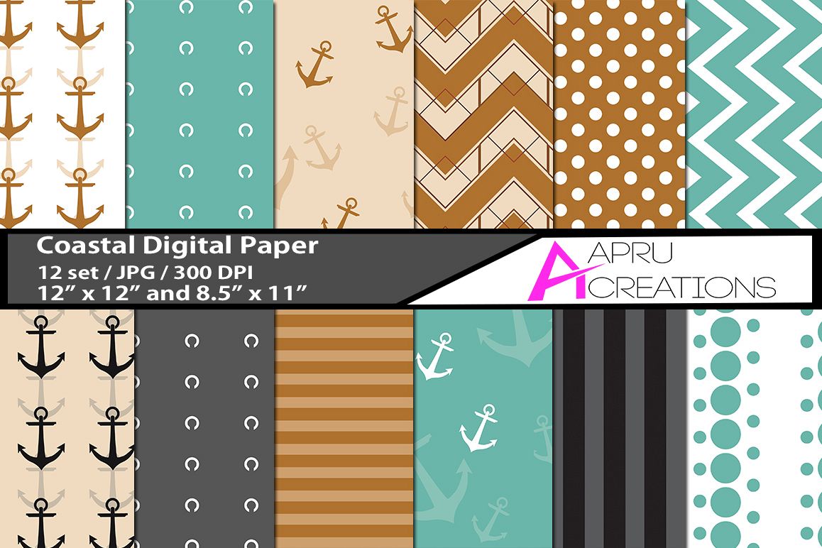 coastal digital papers, coastal pattern, digital papers, high quality 300 dpi, 12 x 12 inch , and 8.5 x 11 inch example image 1