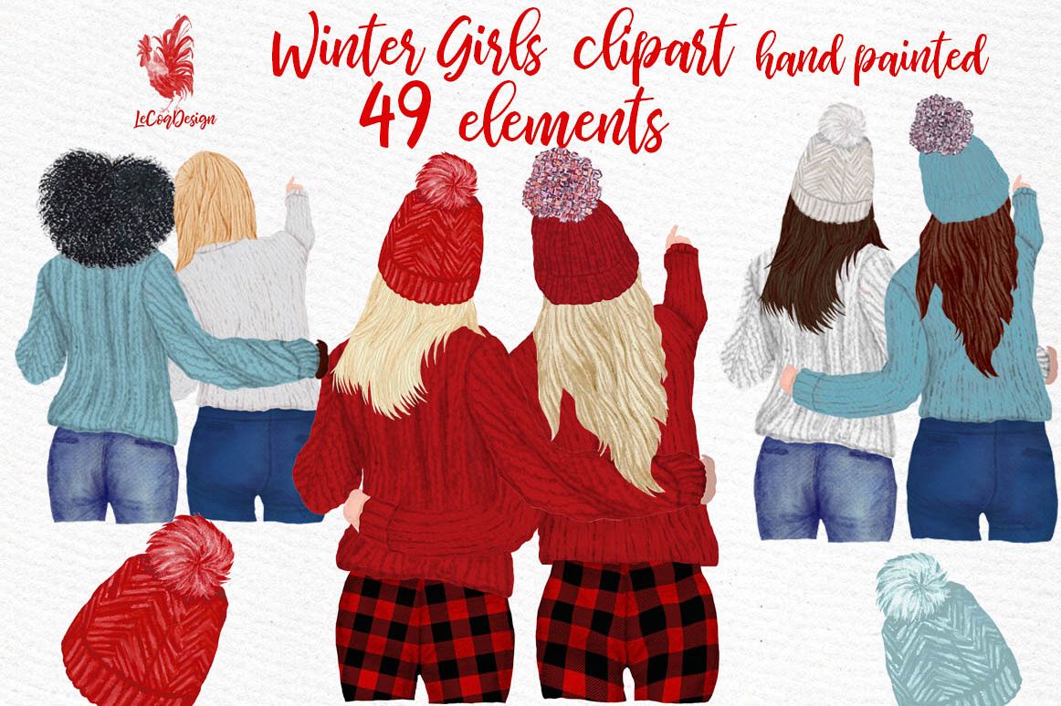 Girls Clipart Best friends clipart Girls in Sweaters clipart example image 1