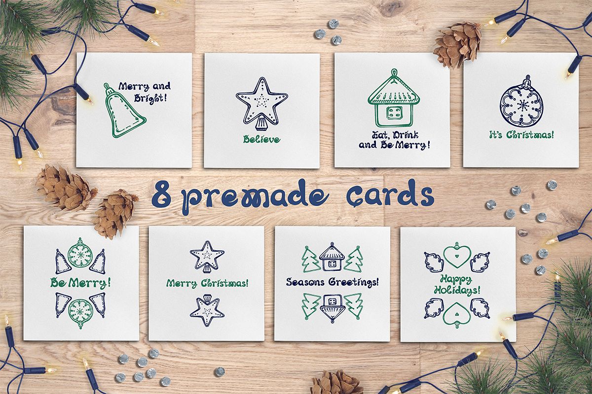 8 hand drawn greeting cards with Christmas decorations example image 1