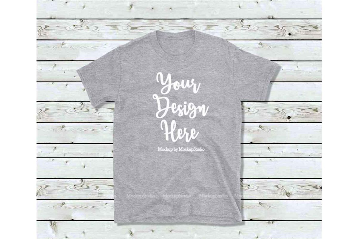 Gray T-Shirt Mock Up, Unisex Women Youth Gildan Shirt example image 1