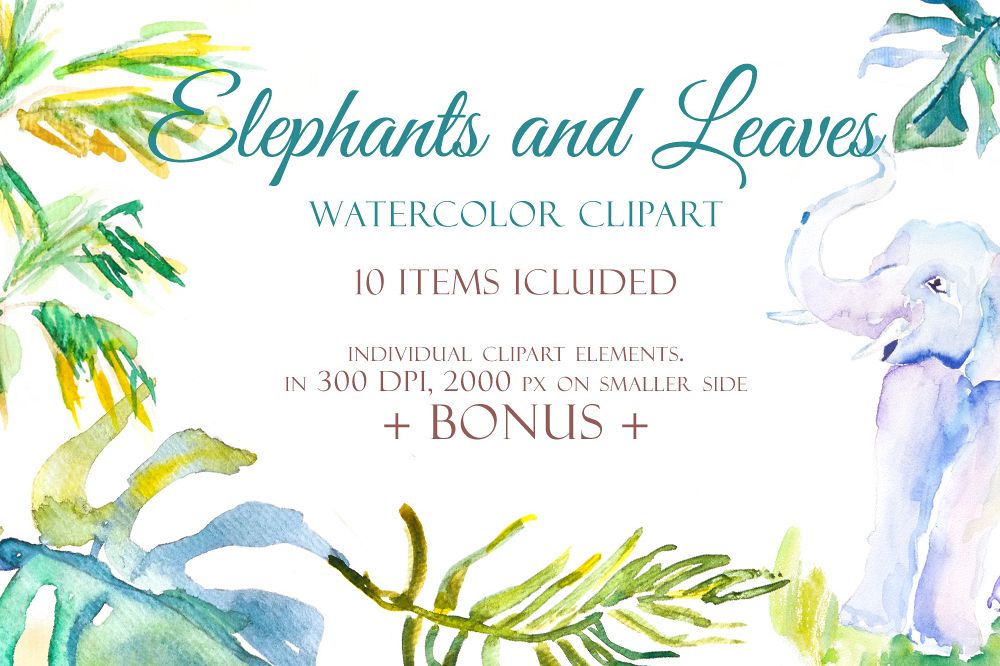Elephants and Palm leaves watercolor clipart & BONUS pattern example image 1