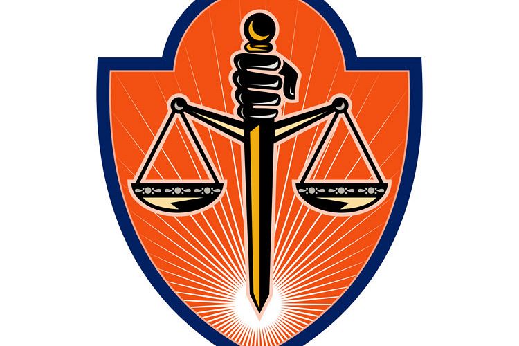 Hand holding sword scales of justice example image 1
