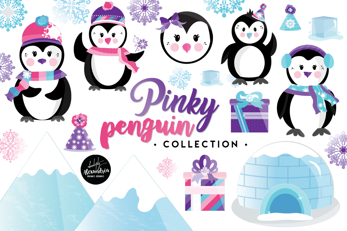 Pinky Penguin Clipart Graphics & Digital Paper Patterns Bundle example image 1