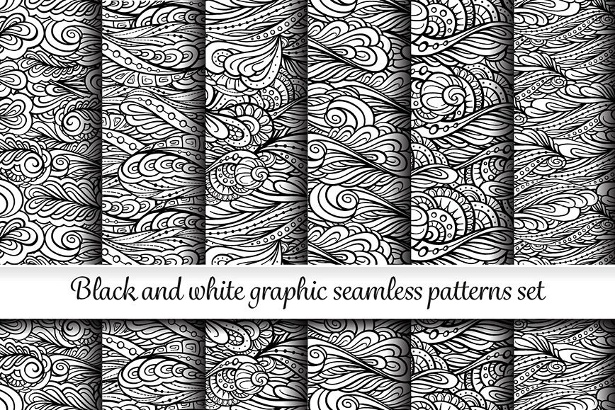Black and white graphic seamless paterns set example image 1