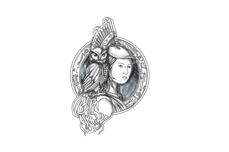 Athena with Owl on Shoulder Electronic Circuit Circle Tattoo example image 1