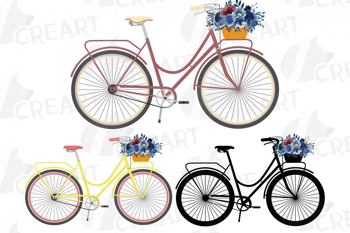 Navy blue floral blush and yellow bicycles clip art pack example image 1