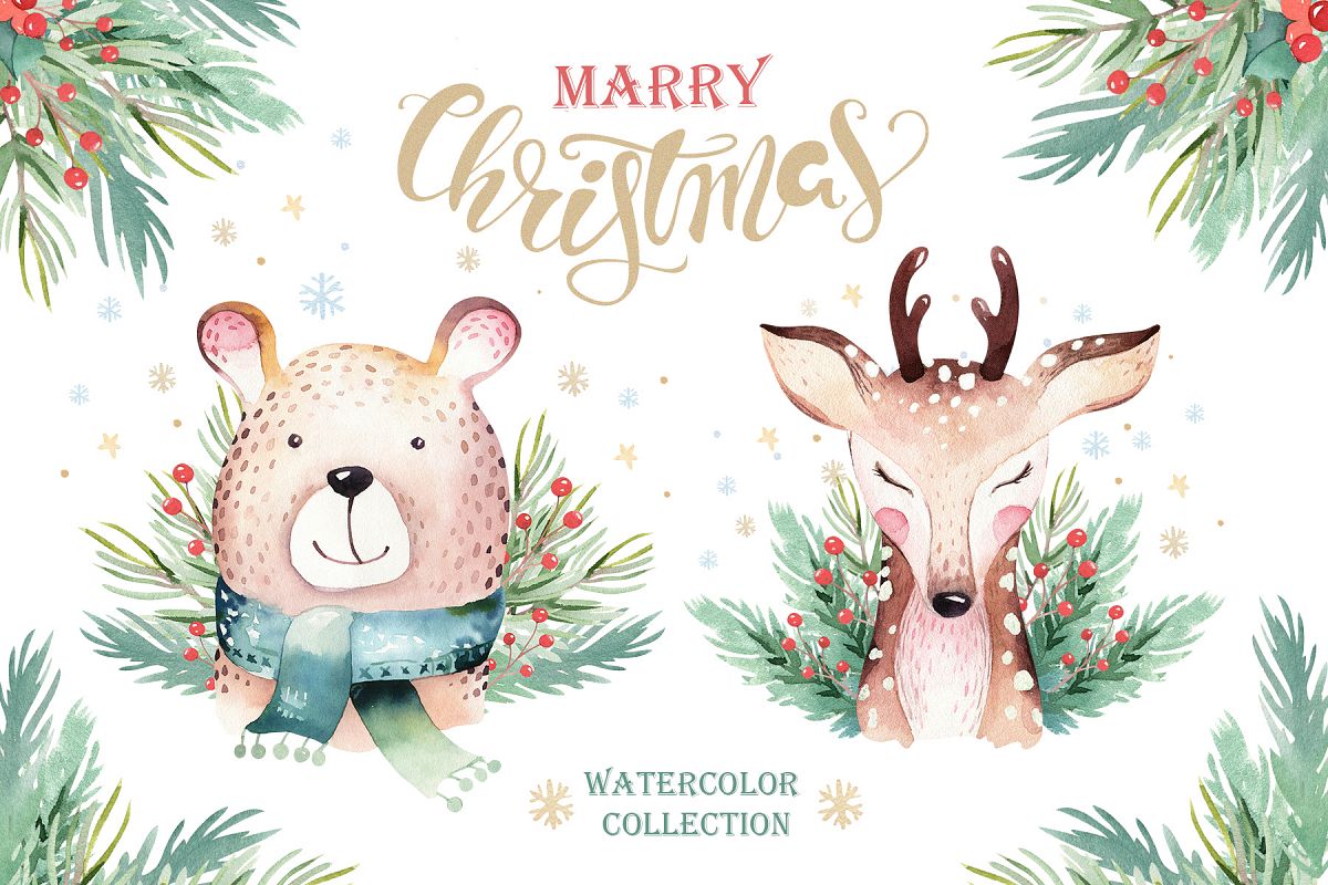 Watercolor Christmas animals raccoon, bear, deer and penguin example image 1