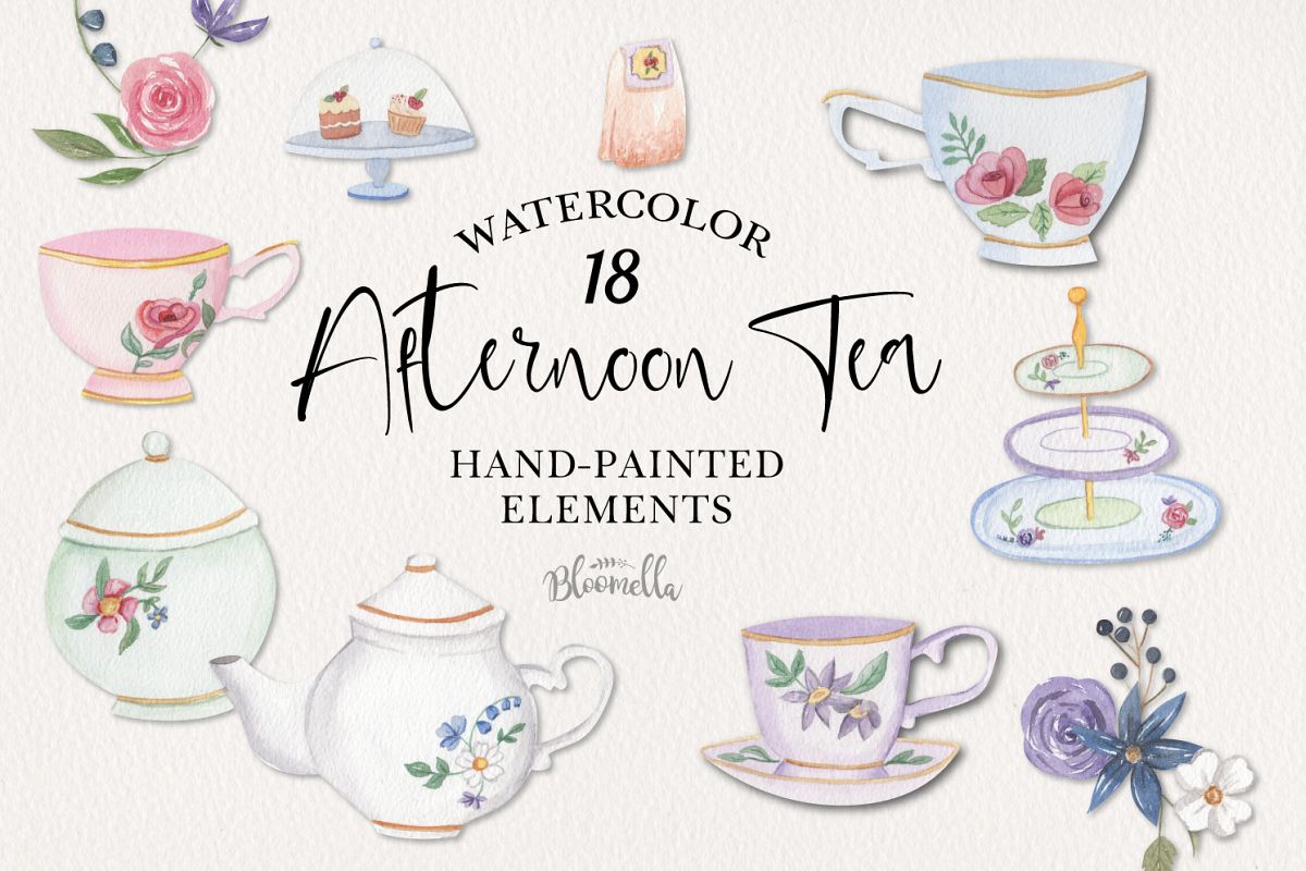 Afternoon Tea 18 Mini Watercolor Teapot & Cups Cakes Florals example image 1
