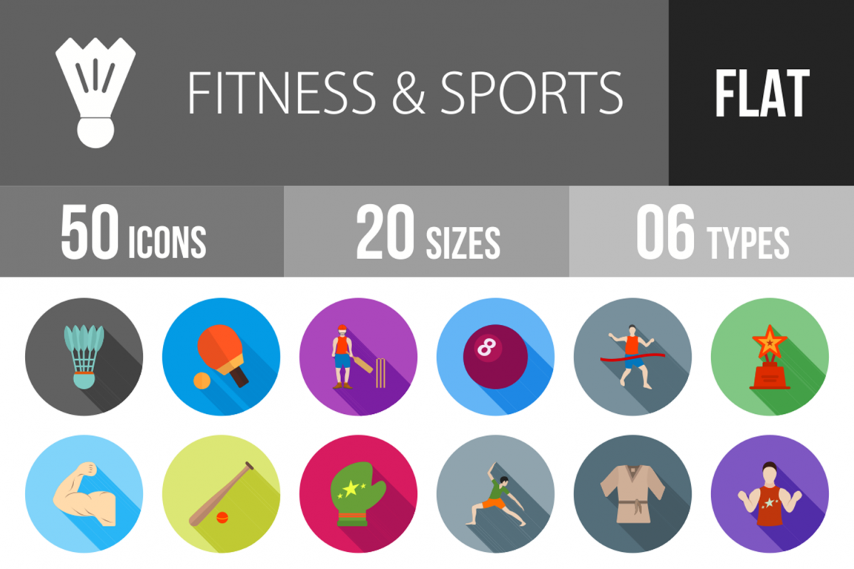 50 Fitness & Sports Flat Long Shadow Icons example image 1