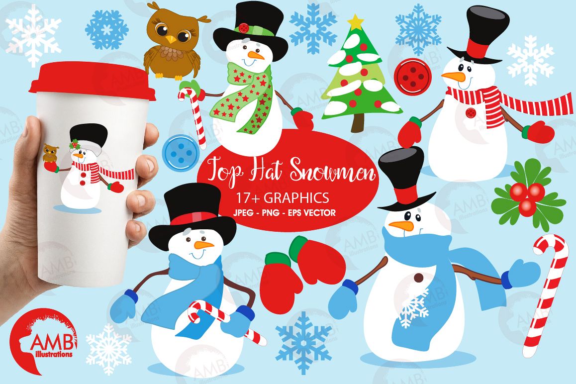 Snowmen in tophats clipart, graphics, illustrations AMB-502 example image 1