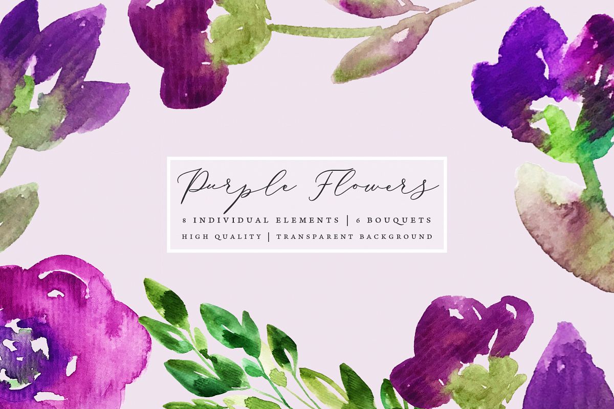 Hand painted purple flowers, floral clip art set example image 1