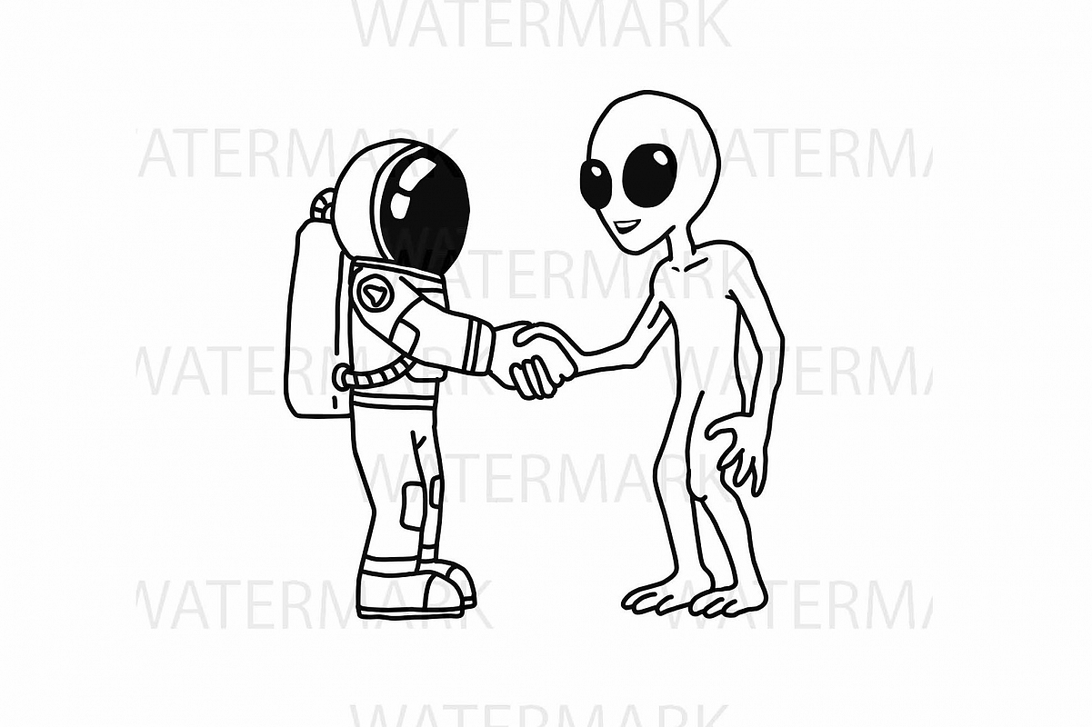 Astronaut handshake with an alien for peace - SVG/JPG/PNG Hand Drawing example image 1