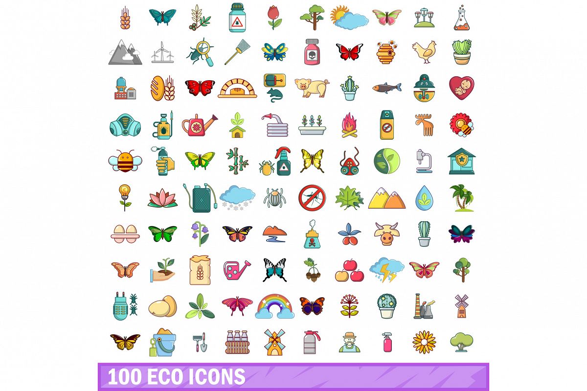 100 eco icons set, cartoon style example image 1