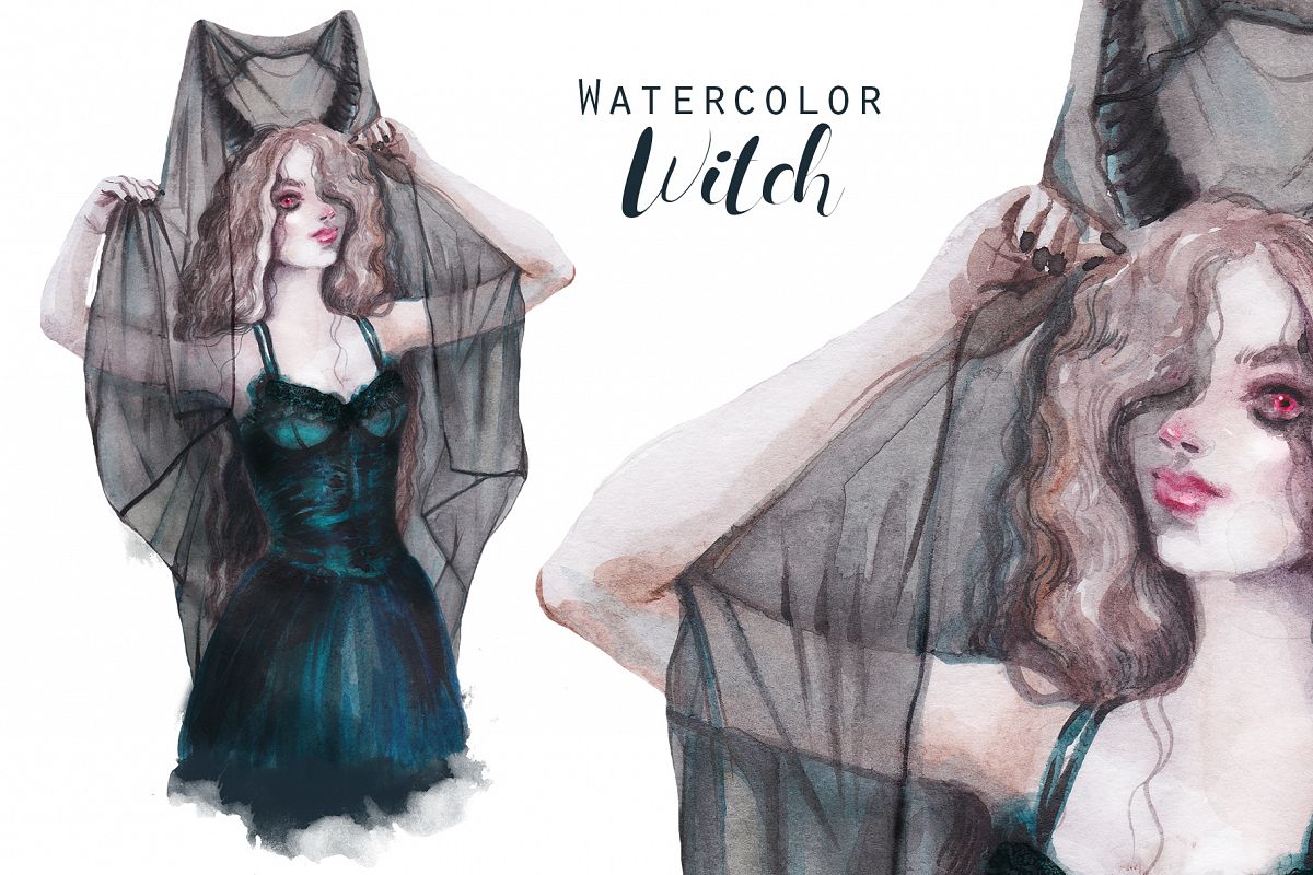 Halloween Witch with veil and red eyes ,watercolor portrait example image 1