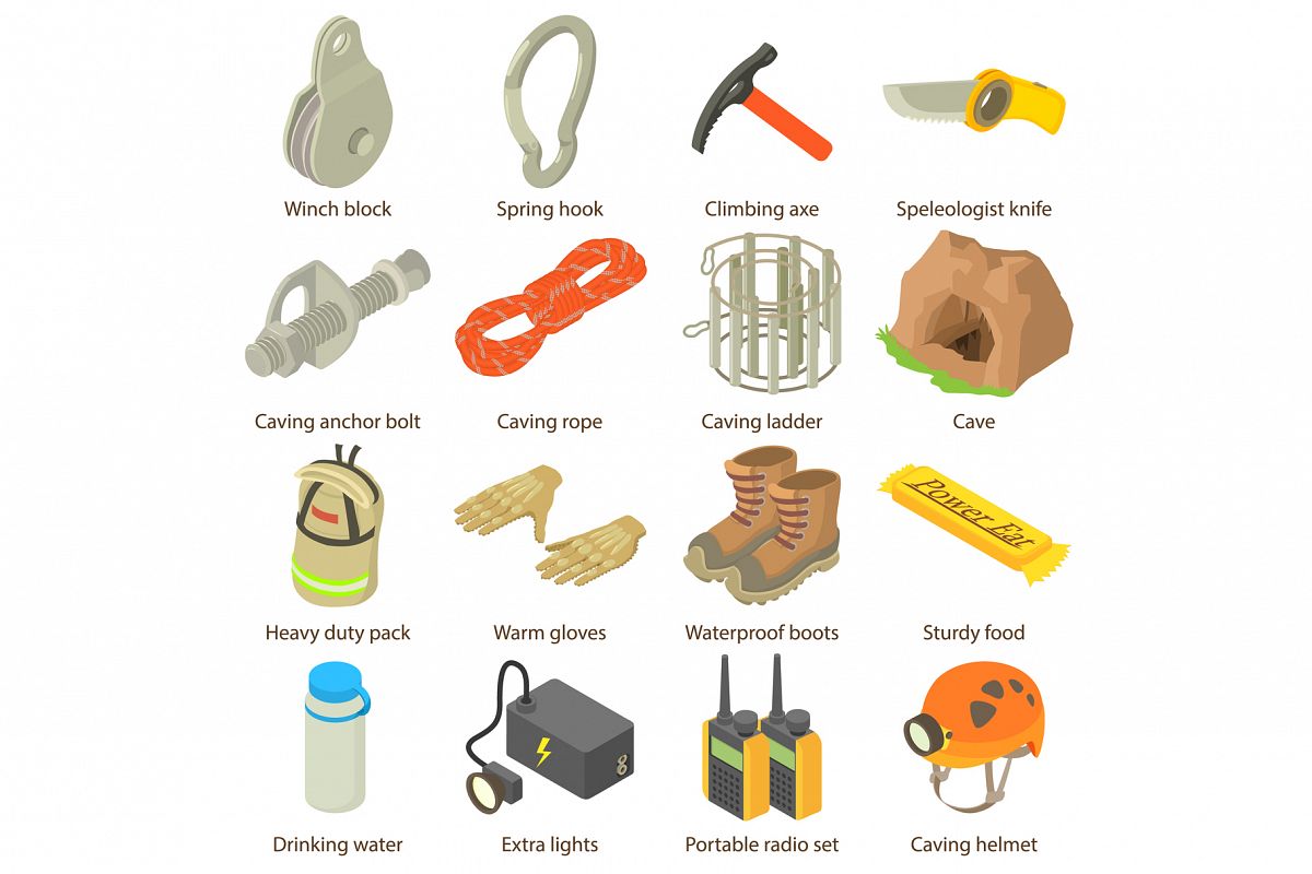 Speleologist icons set, isometric style example image 1