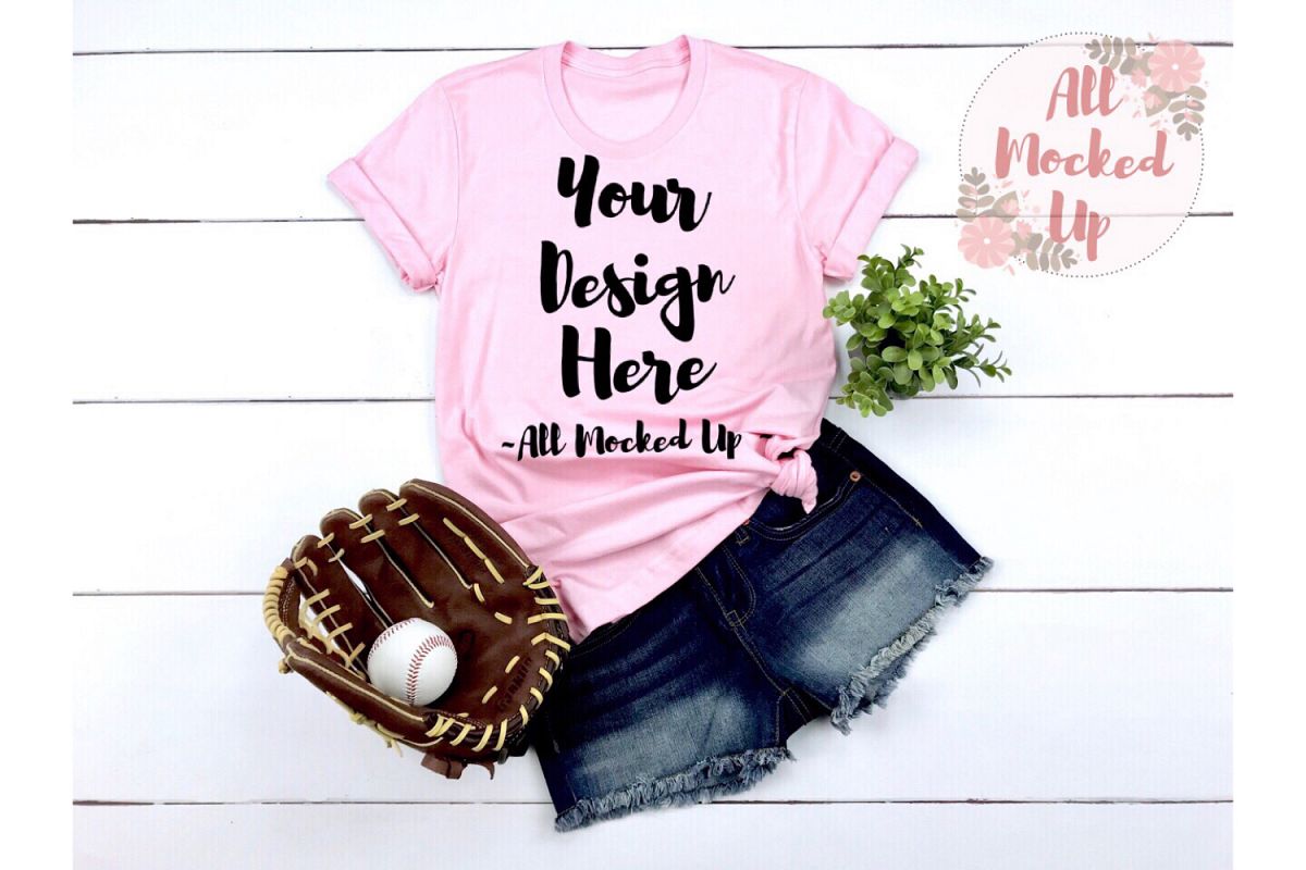 Bella Canvas 3001 PINK Shirt Mock Up - Baseball Theme 3/19 example image 1