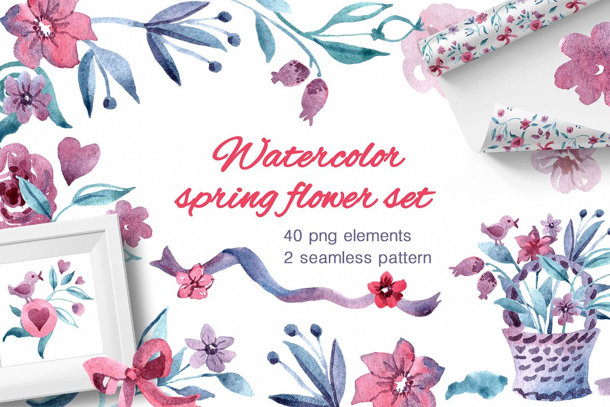 Watercolor spring flower set example image 1