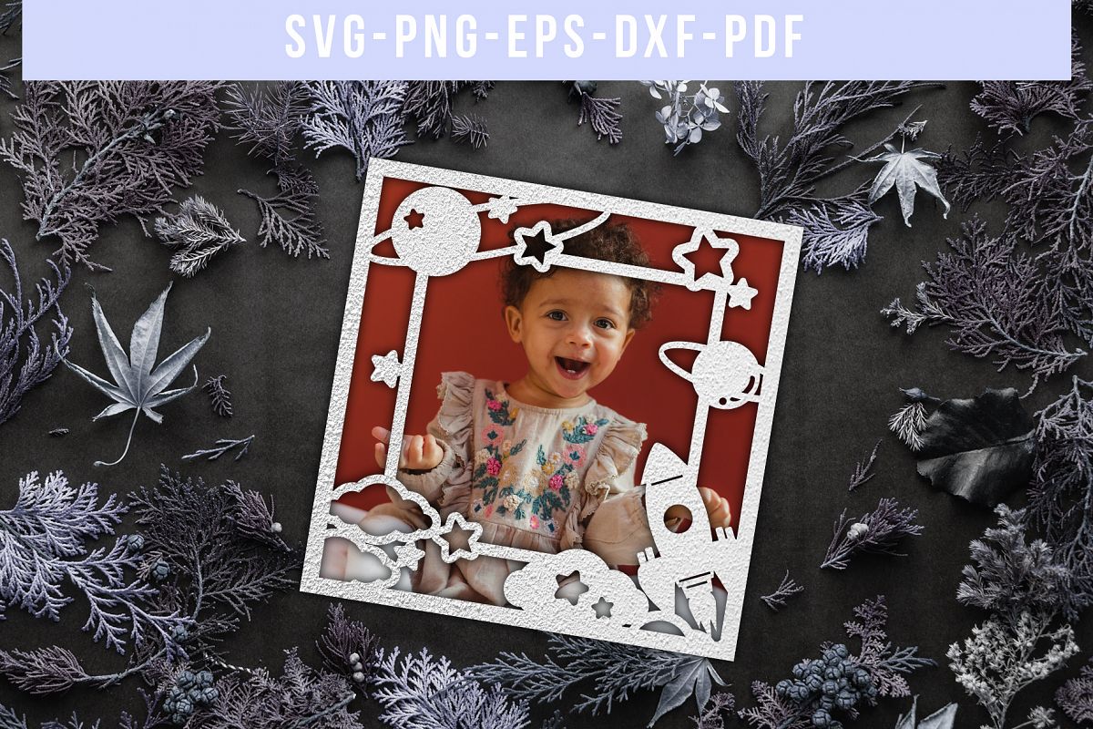 Rocket Space Square Photo Frame Papercut Template, SVG, DXF example image 1