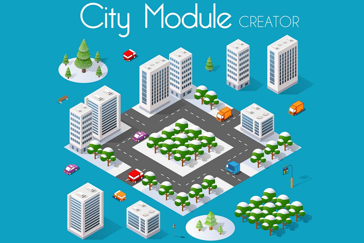Isometric buildings, houses, roads set example image 1