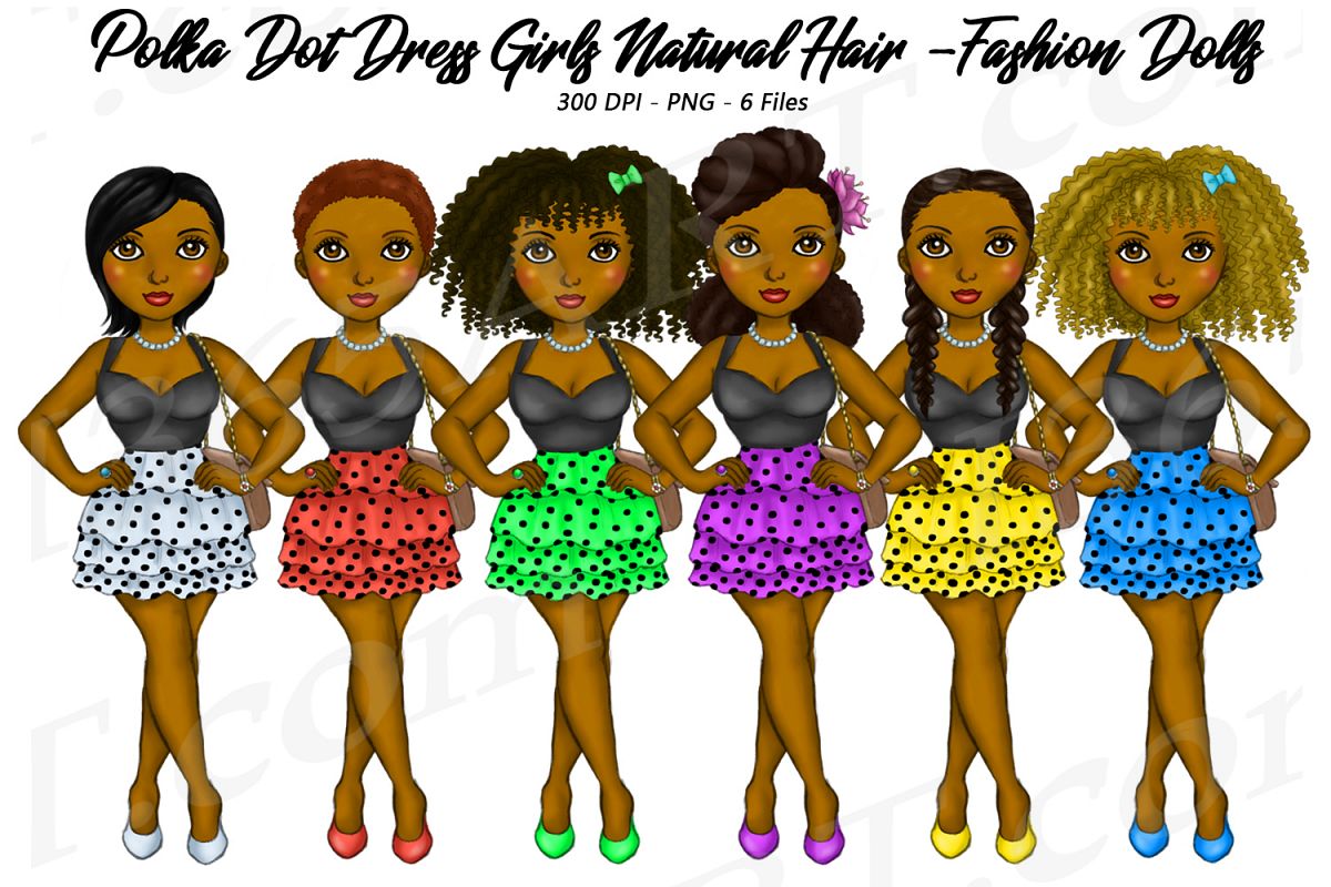 Polka Dot Dress Girls Clipart, Black Girl Dolls Fashion PNG example image 1