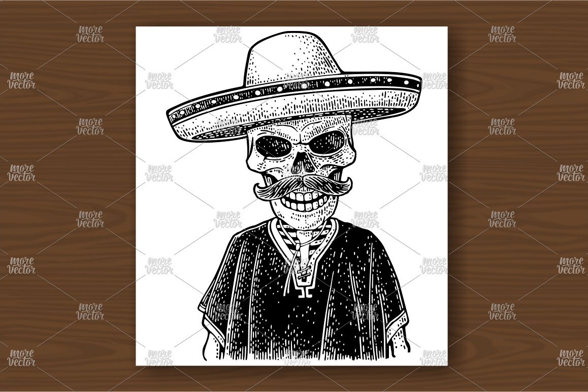 Skeleton dressed in the poncho, sombrero. Vector engraving example image 1