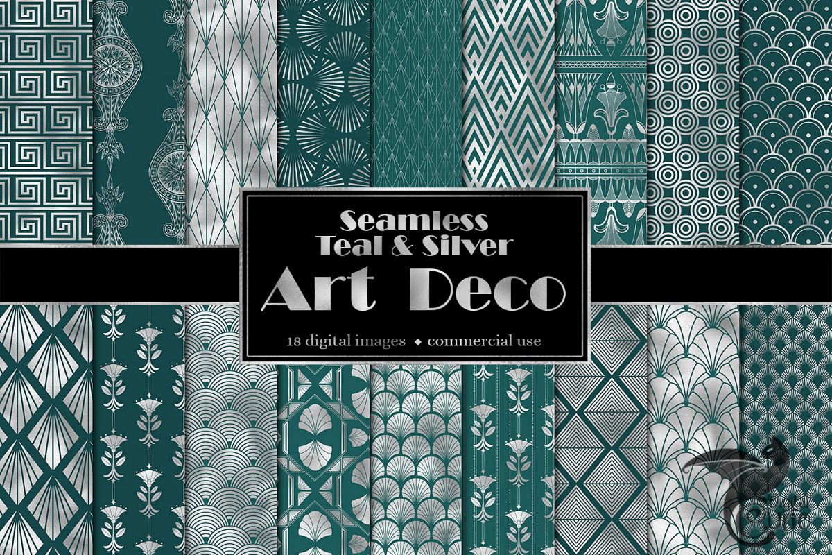 Teal and Silver Art Deco Digital Paper example image 1