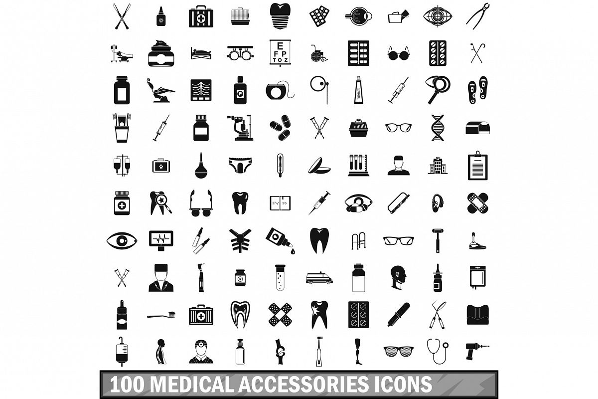 100 medical accessories icons set, simple style example image 1