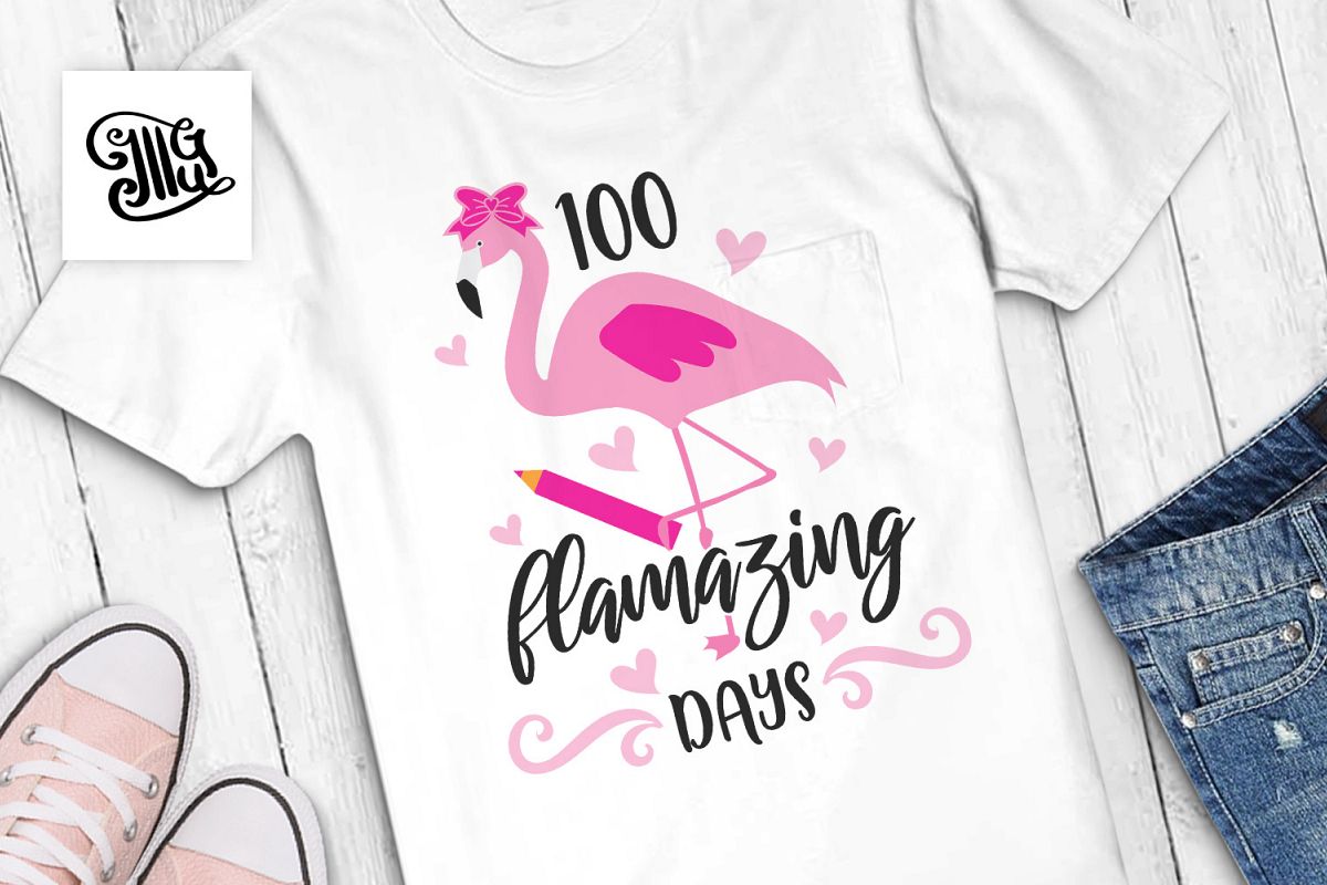 100 days of school for girl and teacher svg with flamingo example image 1