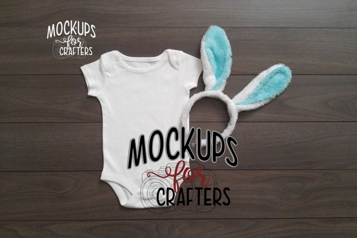 White one-piece baby onesie with bunny ears MOCK-UP example image 1