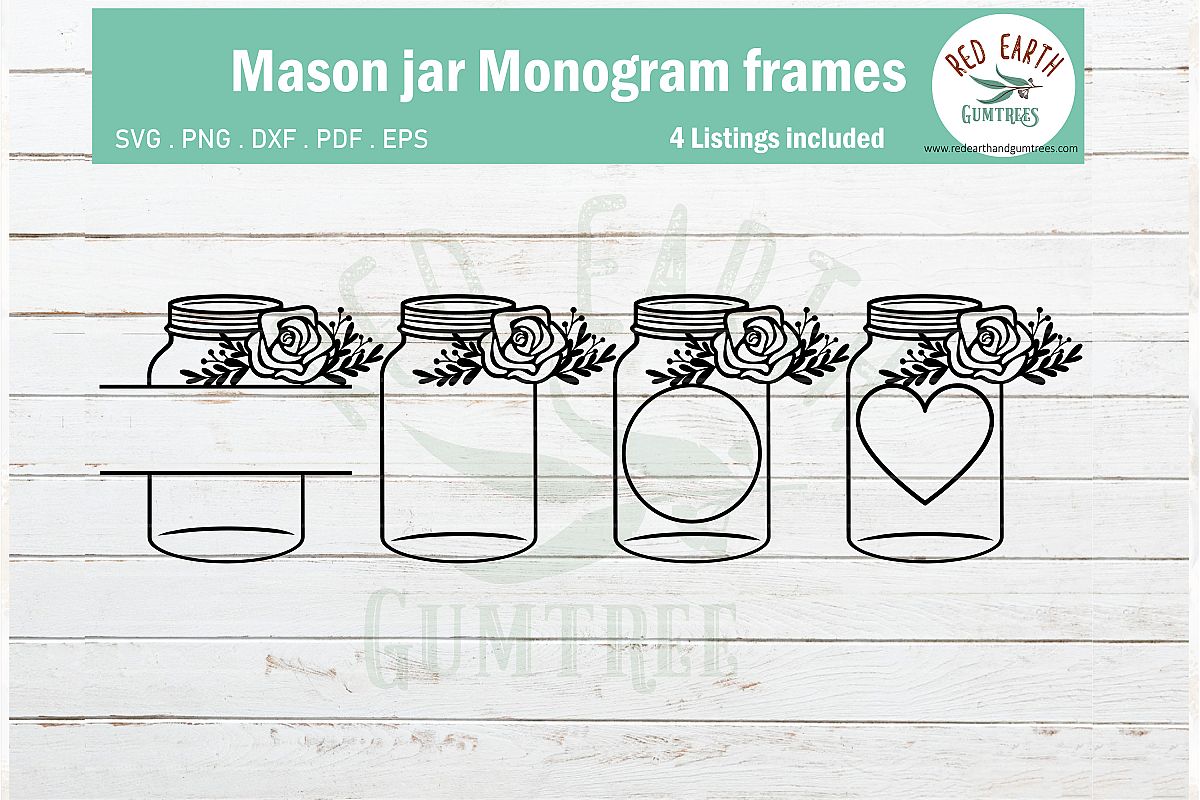 Floral mason jar, wedding mason jar monogram SVG,PNG,DXF,EPS example image 1