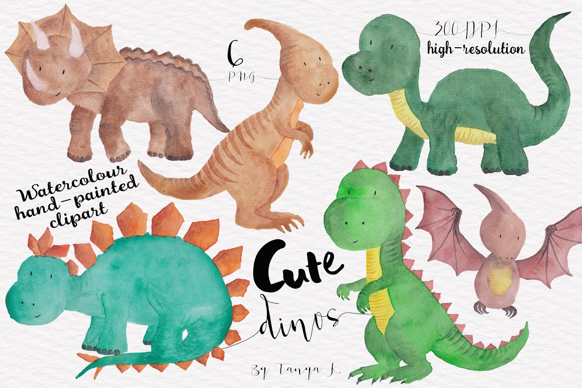 Cute Dinisaur Watercolor clipart example image 1